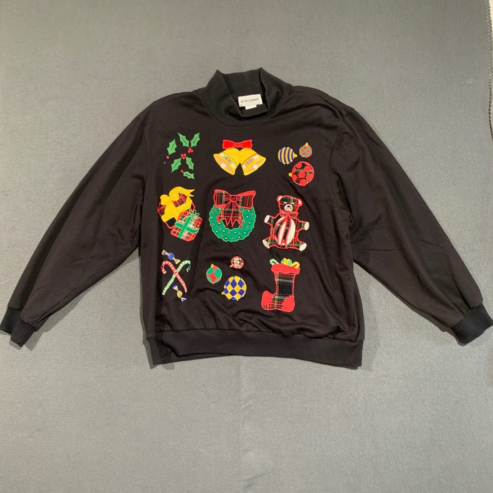 VTG XL Black Mock Neck Ugly Christmas Sweater Appliques Long Sleeve Embroidered